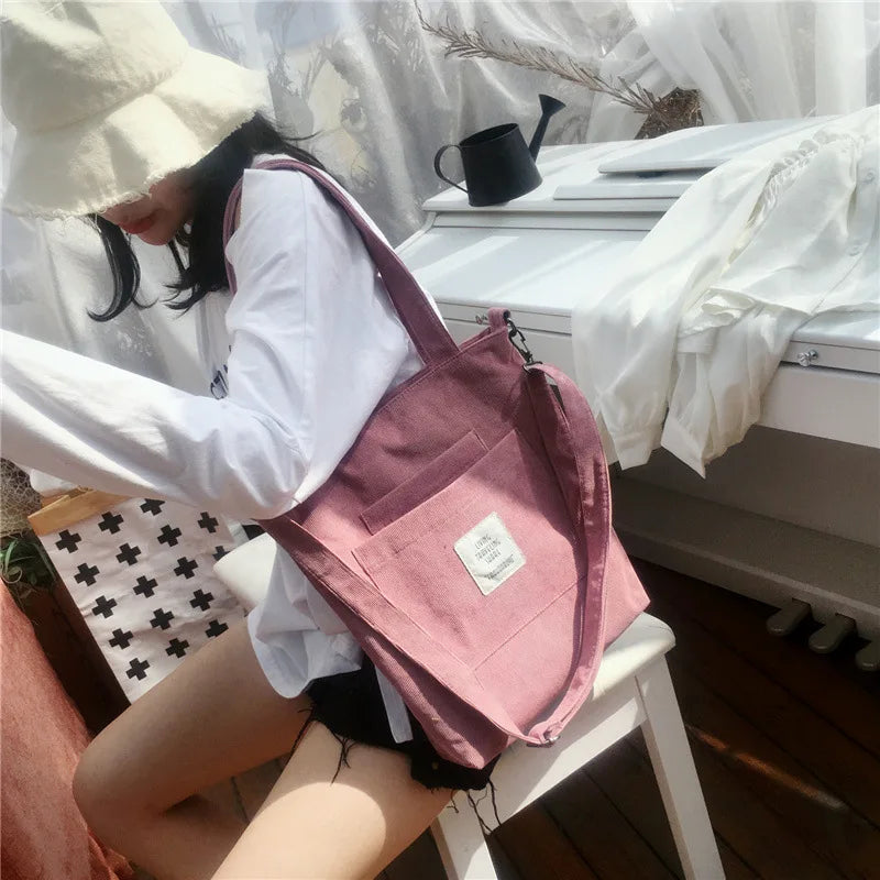Amblot Large capacity corduroy zipped tote bag with external pocket