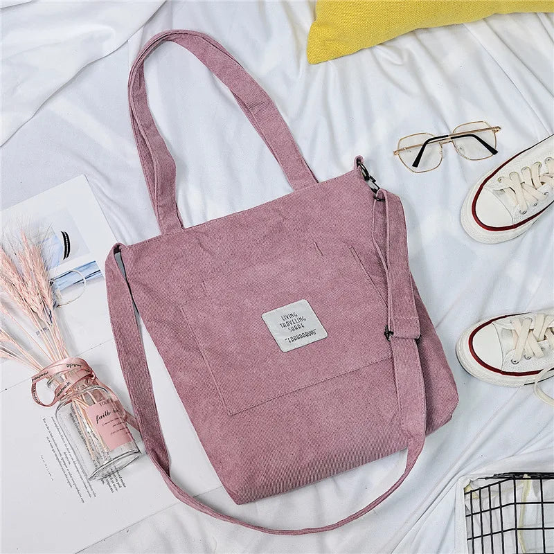 Amblot Large capacity corduroy zipped tote bag with external pocket