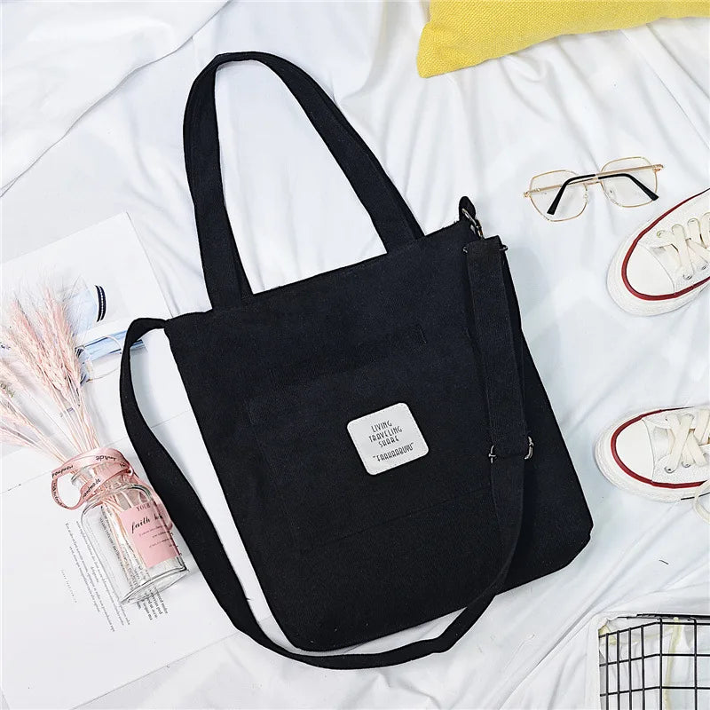Amblot Large capacity corduroy zipped tote bag with external pocket