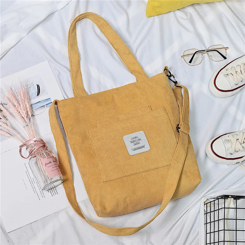 Amblot Large capacity corduroy zipped tote bag with external pocket