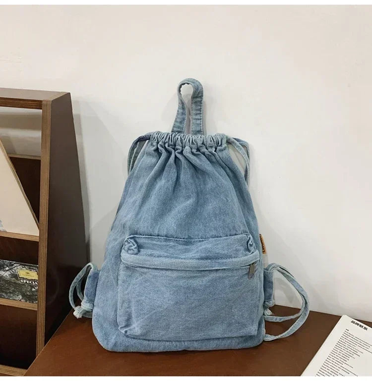 Amblot Light Blue Casual denim drawstring backpack