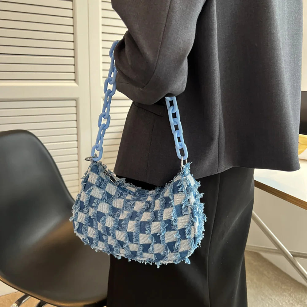 Amblot Light Blue Cute mini denim clutch with chain