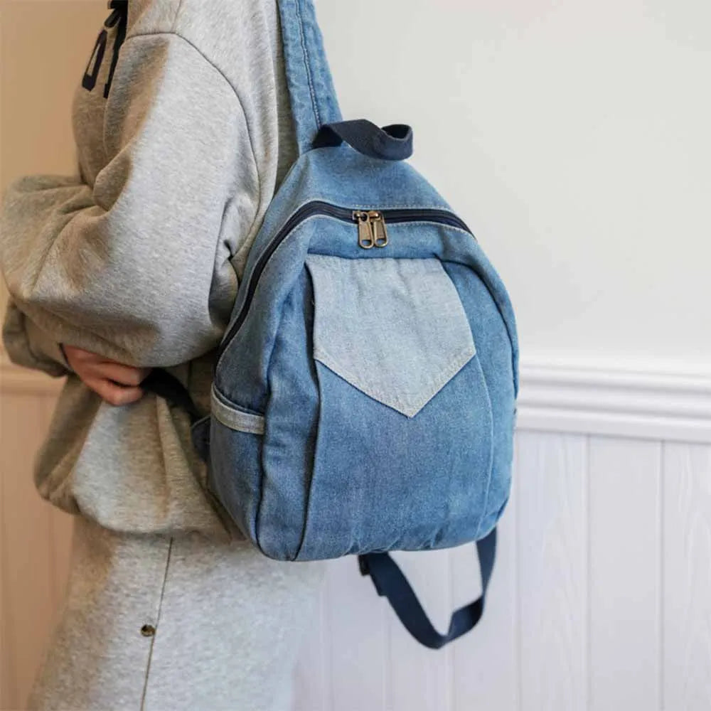 Amblot Light Blue Embroidered women's denim backpack