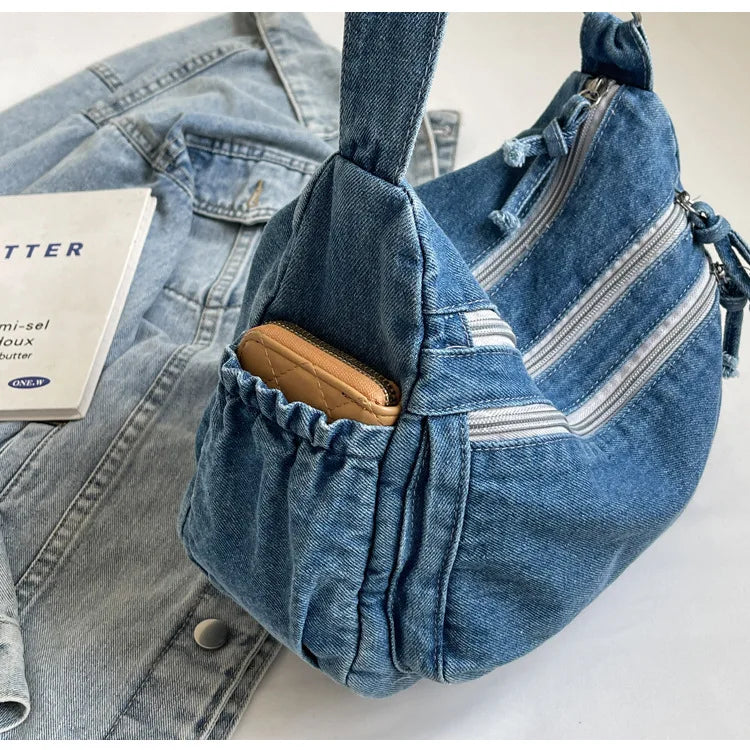 Amblot Light Blue Multi-pockets denim shoulder bag for women