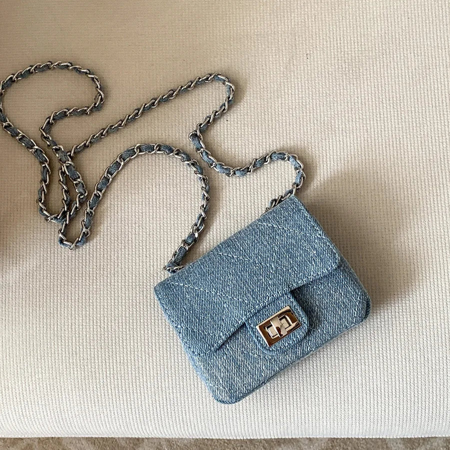 Amblot Light Blue Vintage denim purse with chain strap for women