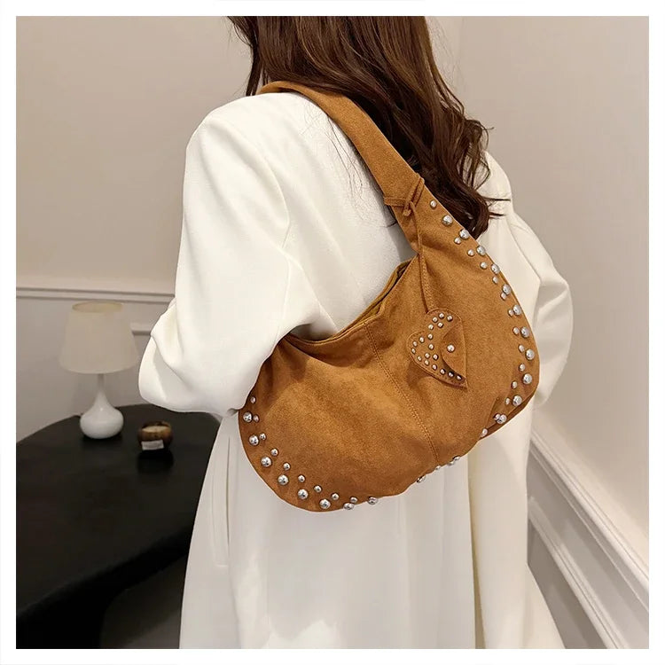 Amblot Light Brown Chic suede shoulder bag with decorative strass