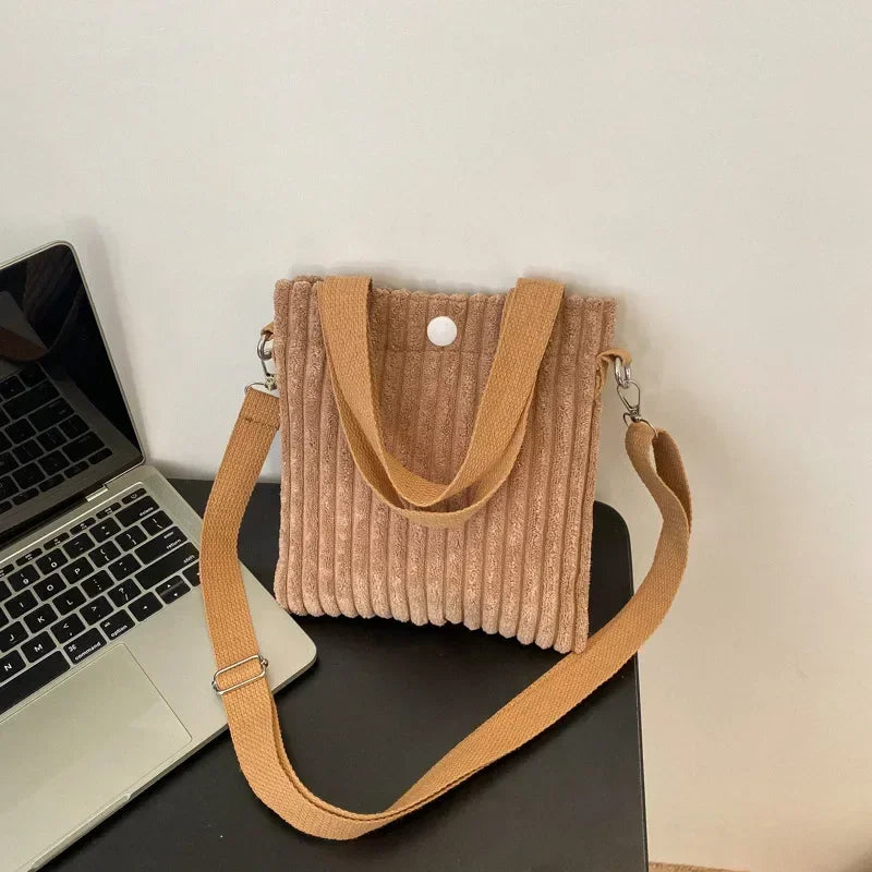 Amblot Light Brown Corduroy handbag with front button detail