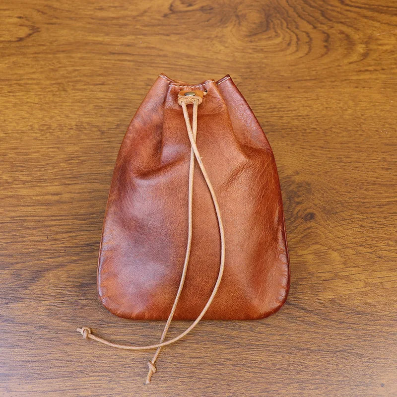 Amblot Light Brown Leather coin pouch drawstring clutch