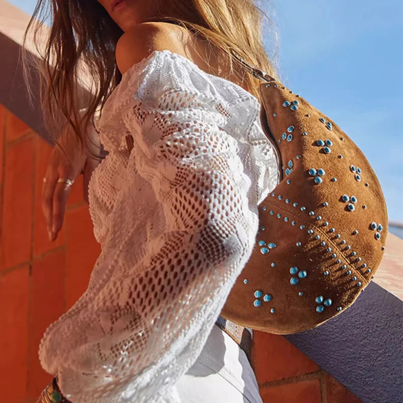 Amblot Light Brown Soft suede handbag with elegant curved silhouette