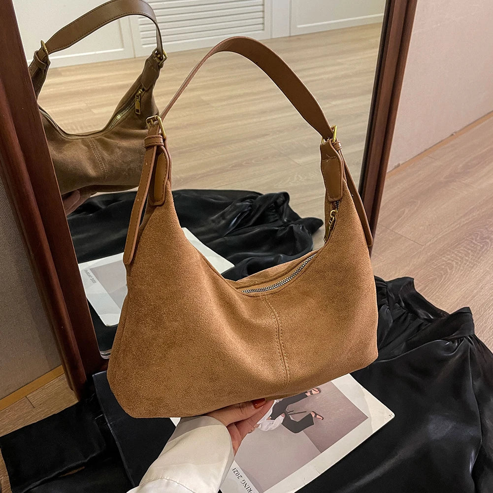 Amblot Light Brown Vintage suede hobo shoulder handbag