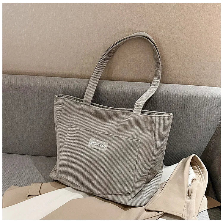 Amblot Light Gray Ladies’ corduroy tote bag for casual wear
