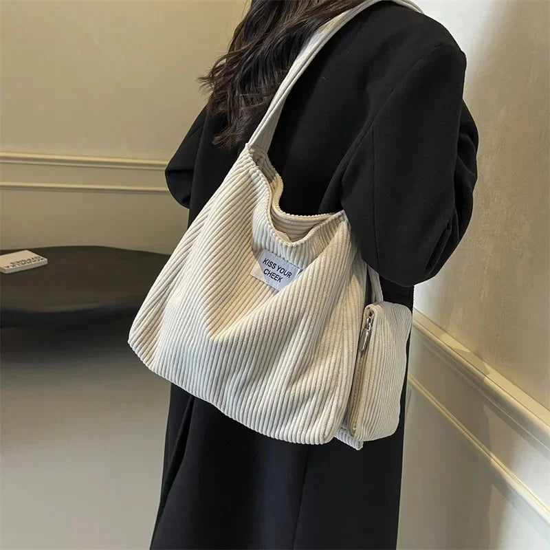 Amblot Light Gray Women’s small corduroy tote bag with matching pouch