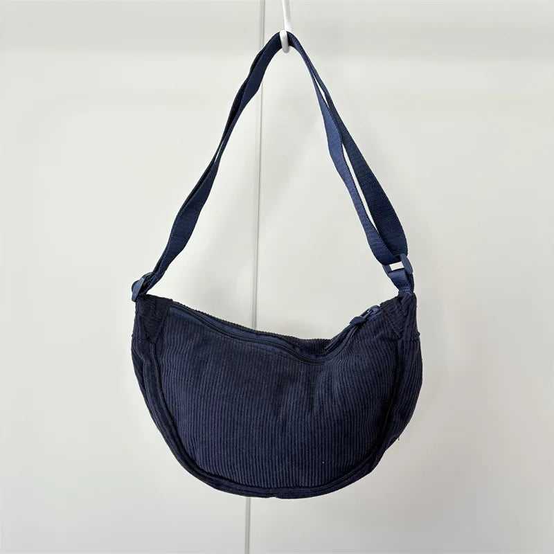 Amblot Navy Blue Corduroy handbag with adjustable shoulder strap
