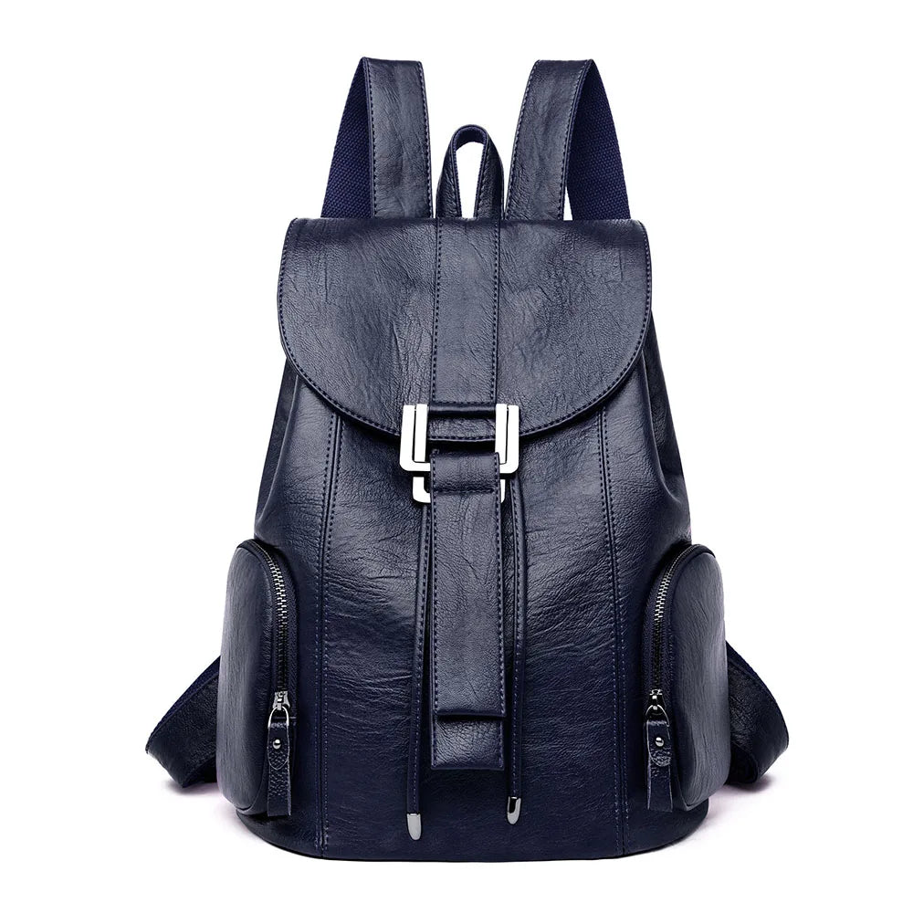 Amblot Navy blue Leather knapsack with secure top flap