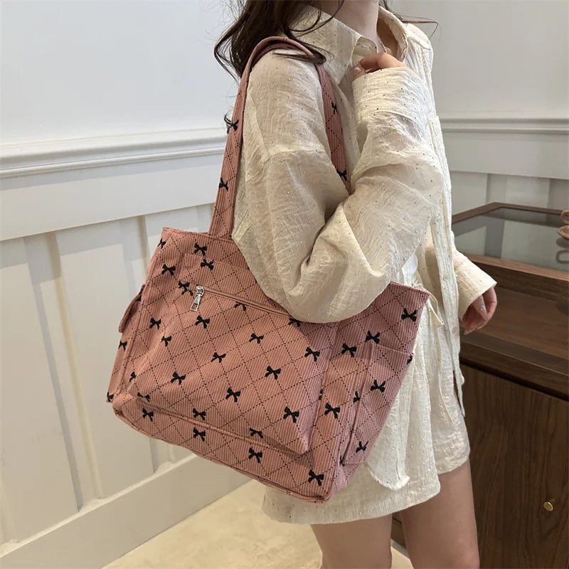 Amblot Pink Bow pattern corduroy tote bag for women
