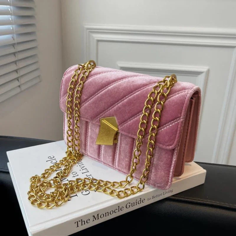 Amblot Pink Corduroy handbag with chain and flap closure