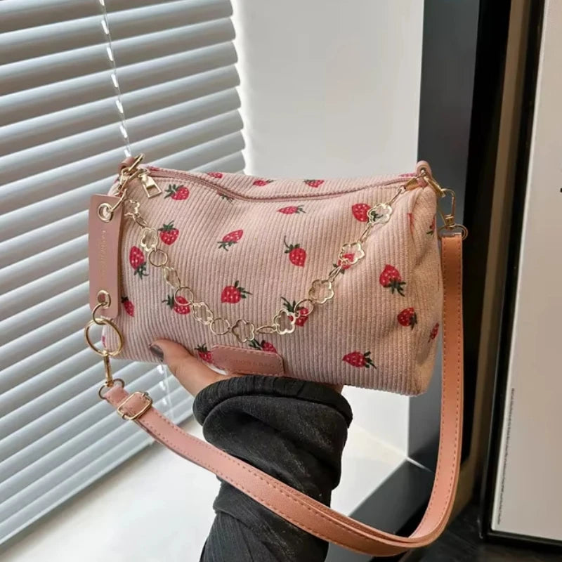Amblot Pink corduroy handbag with strawberry print