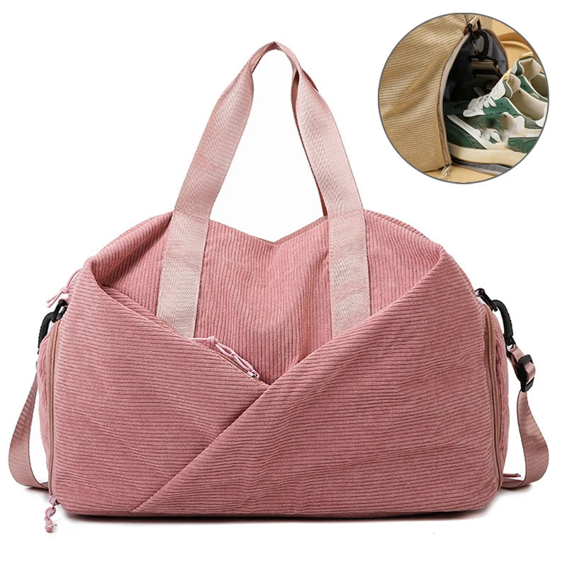 Amblot Pink Corduroy sports gym bag with shoe pocket