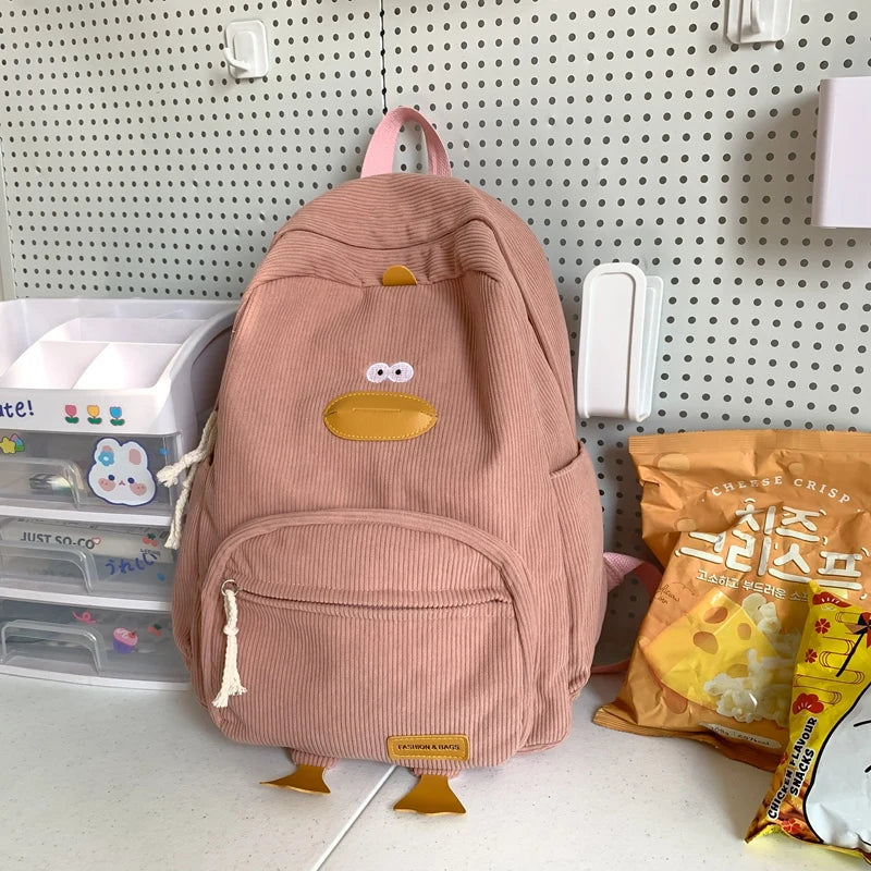 Amblot Pink Cute duck corduroy backpack