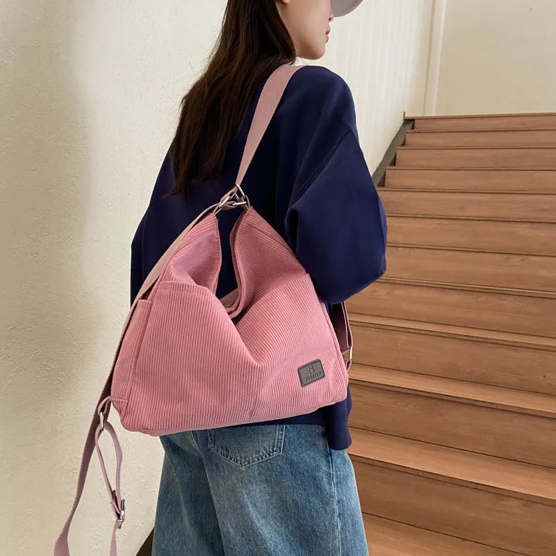 Amblot Pink Simple corduroy tote bag with long straps