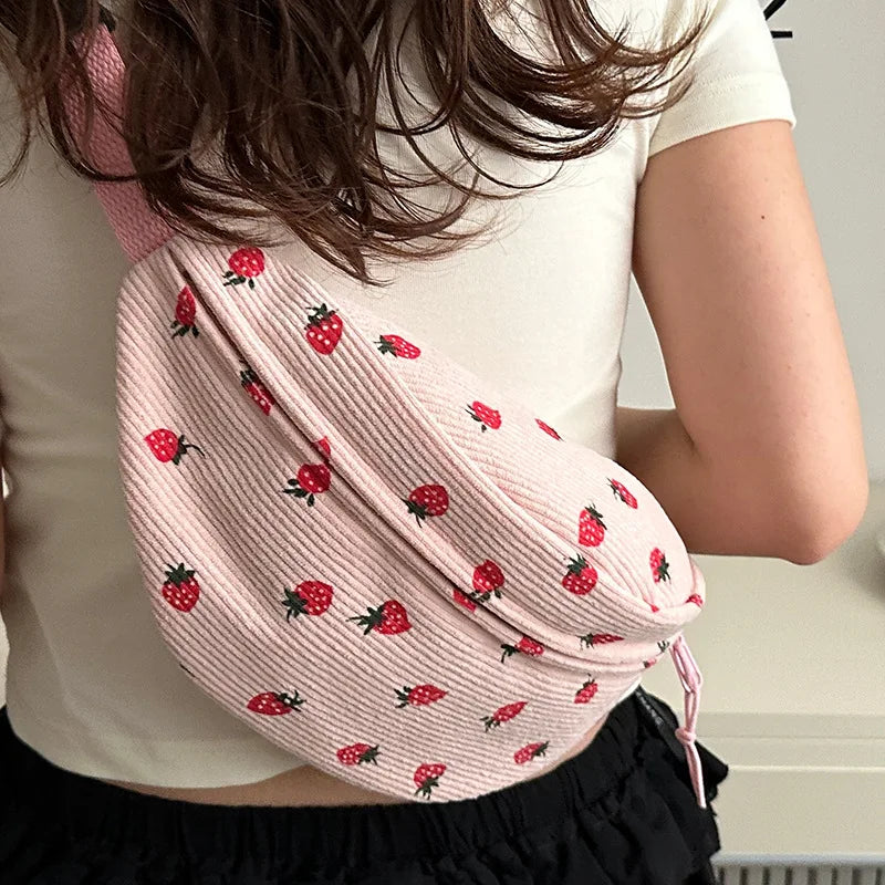 Amblot Pink Strawberry corduroy belt bags for women