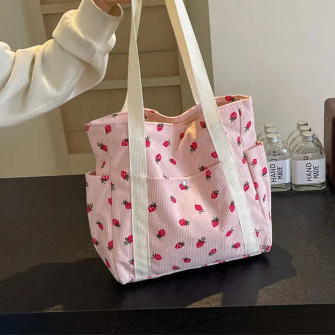Amblot Pink Strawberry pattern corduroy tote bag for women