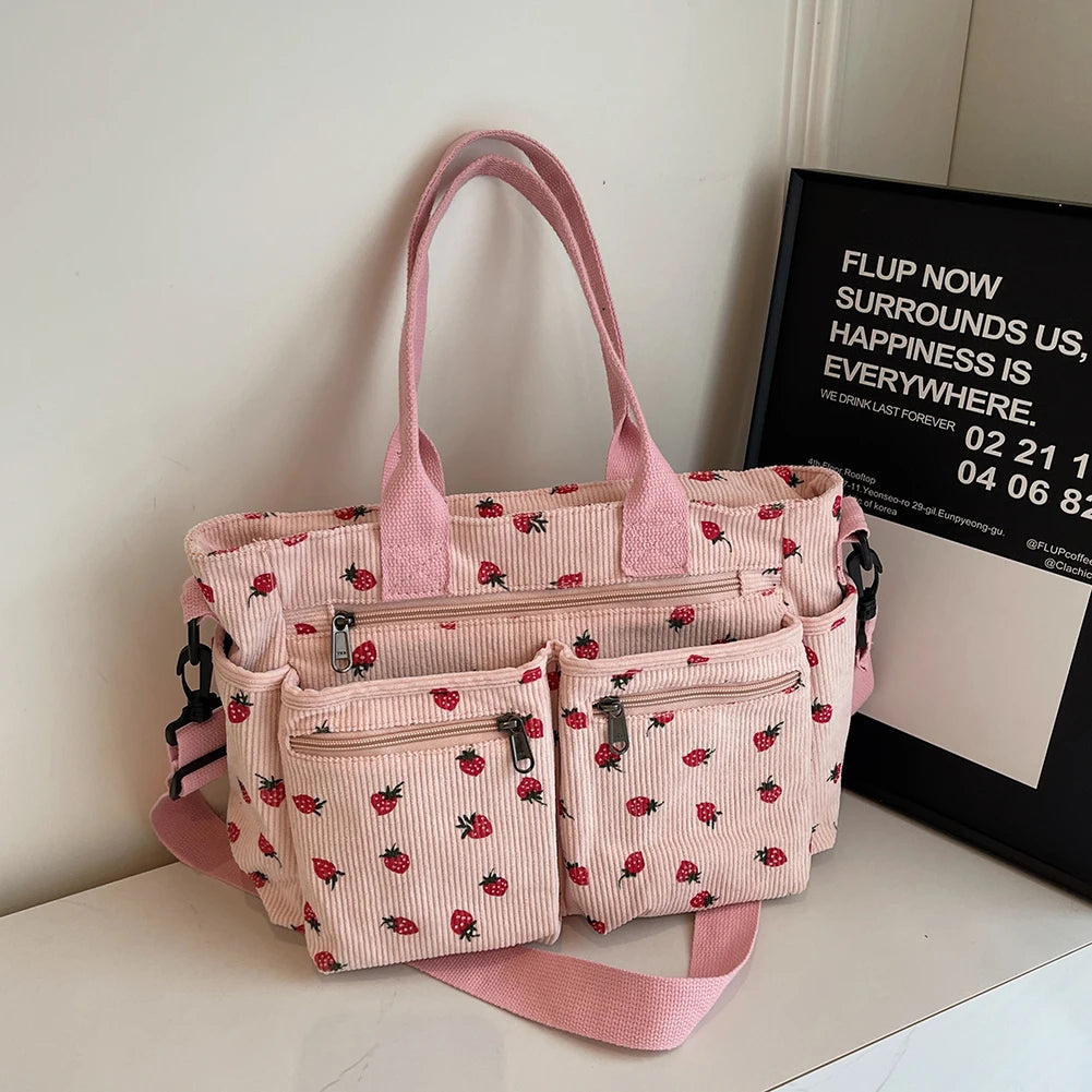 Amblot Pink Women’s strawberry print corduroy tote bag