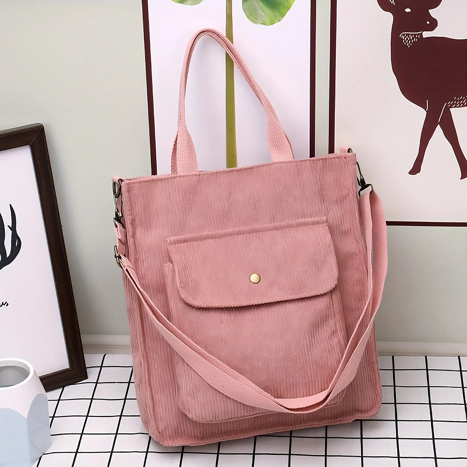 Amblot Pink Women's vintage corduroy tote bag