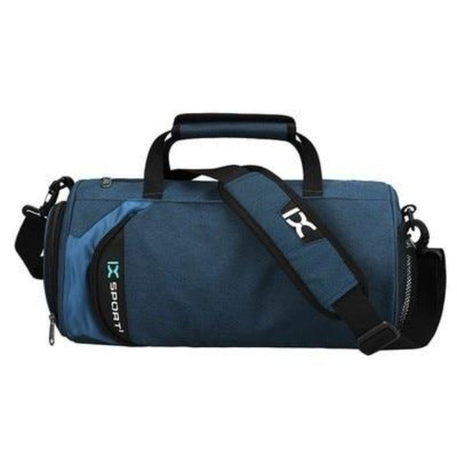 Unisex blue sports duffel bag with shoe pocket