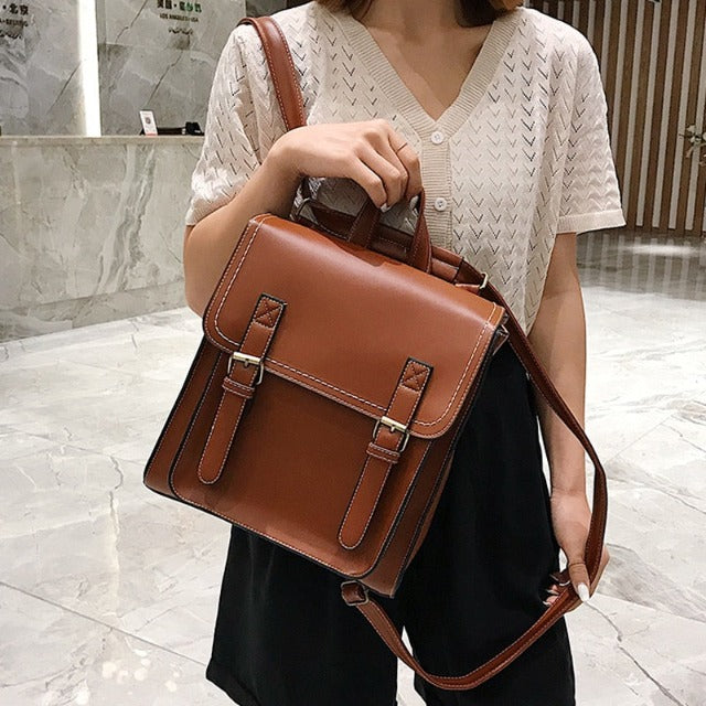 Brown leather satchel bag for women