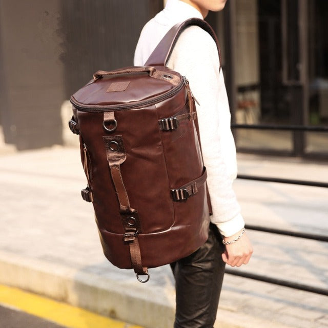 Vintage brown leather travel backpack for men