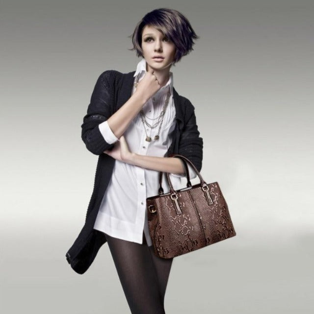Aligator brown leather shopper handbag