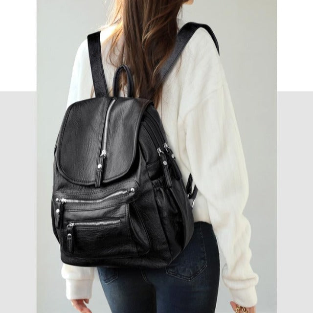 Black leather backpack purse for women