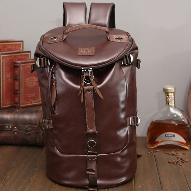 Vintage brown leather travel backpack for men