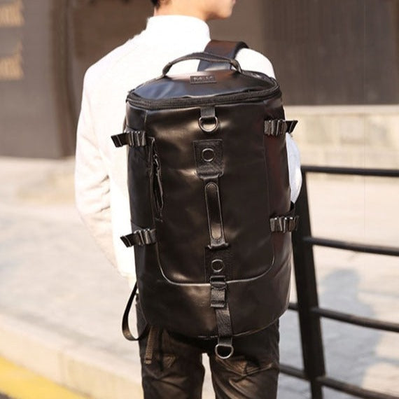 Vintage black leather travel backpack for men