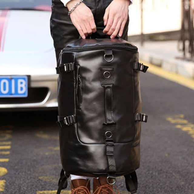 Vintage black leather travel backpack for men