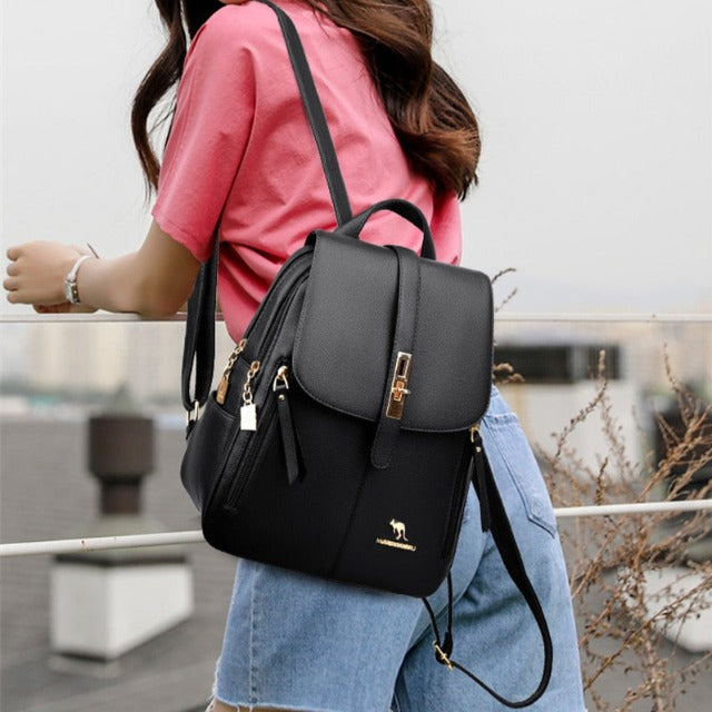 Black convertible leather backpack for women