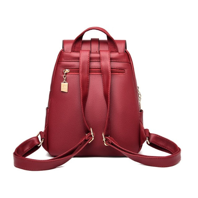 Red convertible leather backpack for women