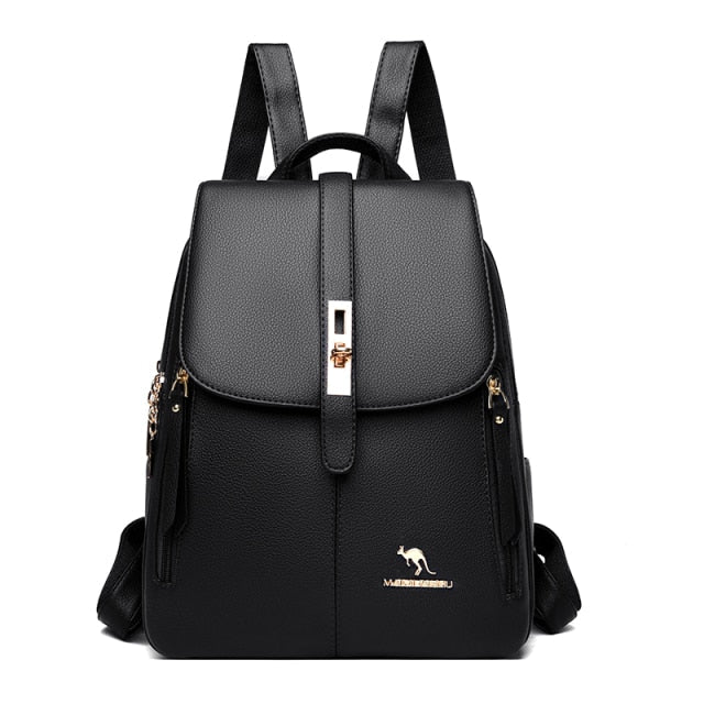 Black convertible leather backpack for women