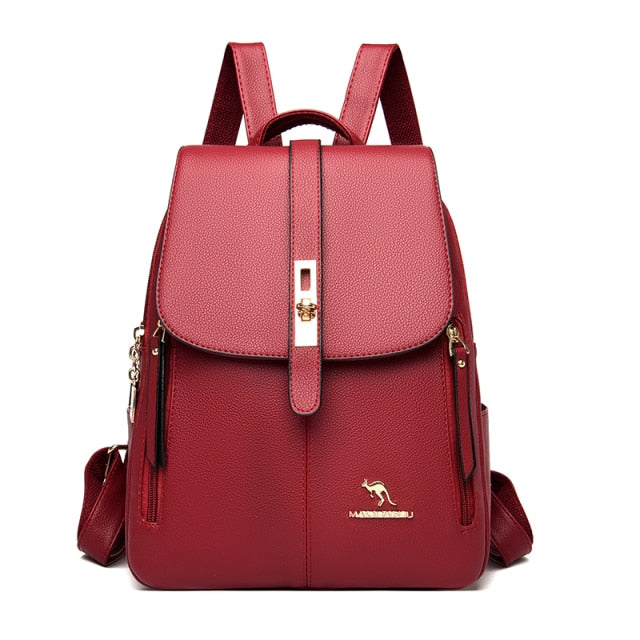 Red convertible leather backpack for women