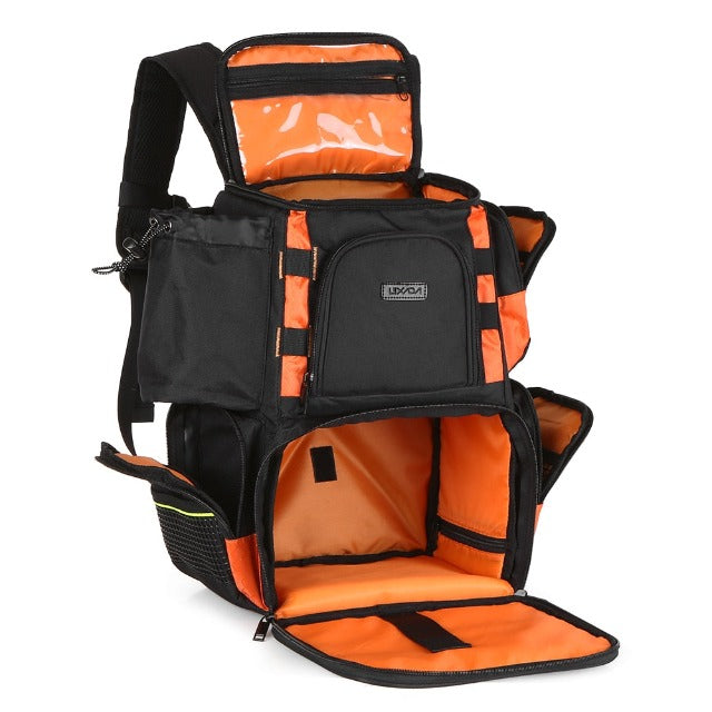 Black fishing tackle backpack with storage boxes