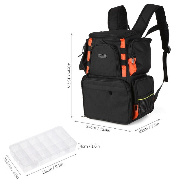 Black fishing tackle backpack with storage boxes