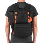 Black fishing tackle backpack with storage boxes