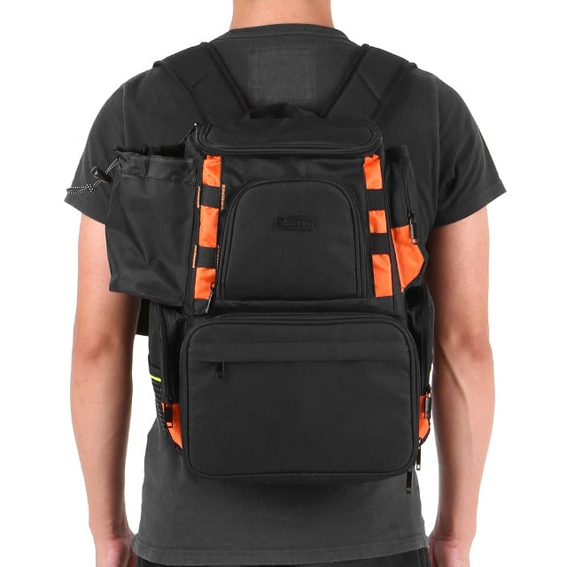 Black fishing tackle backpack with storage boxes