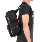 Black fishing tackle backpack with storage boxes
