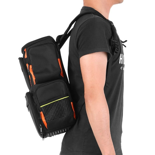 Black fishing tackle backpack with storage boxes