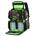 Camo fishing tackle backpack with storage boxes