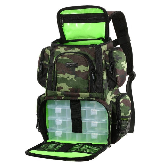 Camo fishing tackle backpack with storage boxes