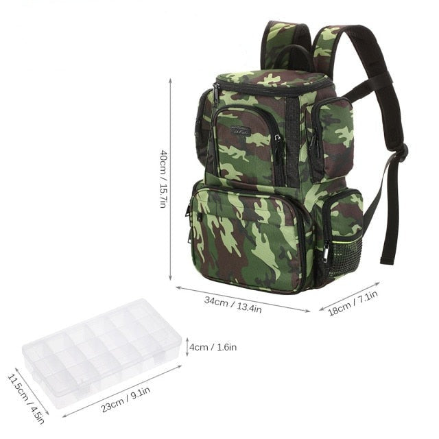 Camo fishing tackle backpack with storage boxes