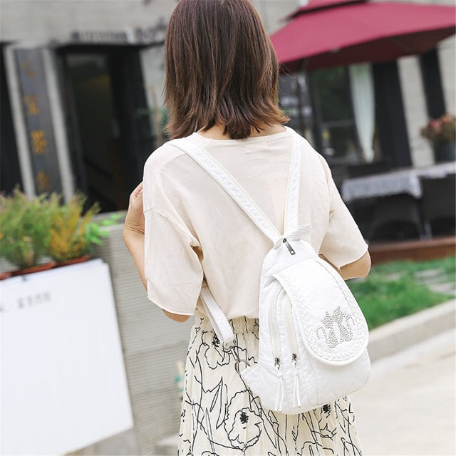 Small white cat leather backpack for women